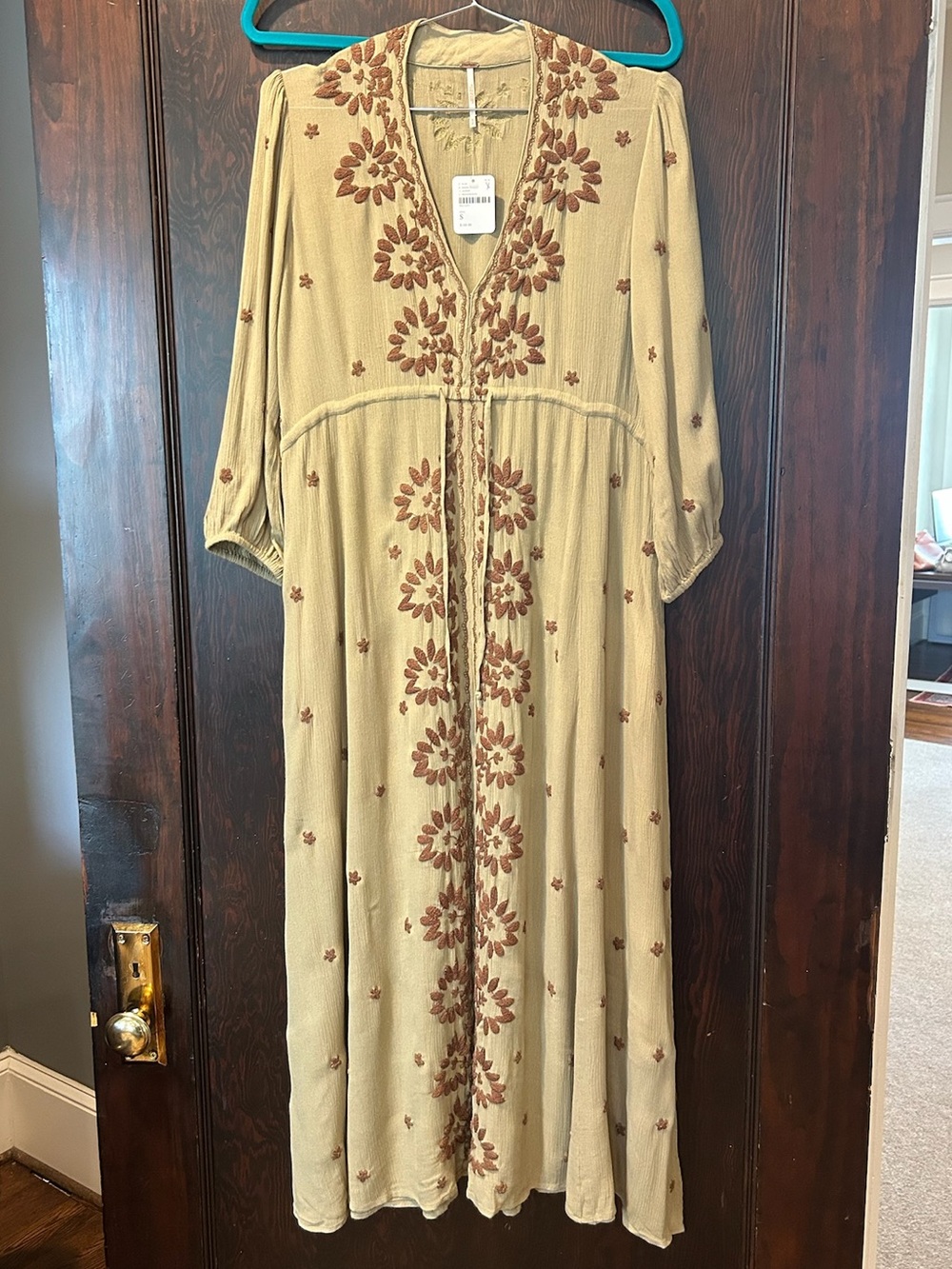 Free People Olive Maxi Dress with Rust Floral Embroidery